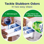 Two-panel instructional image showing adding detergent then pouring Downy Rinse into a washer softener dispenser