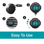 Four-step illustrated instruction panel showing how to attach the Refresh Your Car mini diffuser to a vent and adjust fragrance level