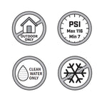 Four circular instructional icons indicating outdoor-only use, PSI range, clean water only, and no-freeze warning.
