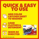 Instructional infographic on yellow background showing add sheet, load clothes & detergent, then wash as directed with small product image