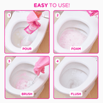 Four-panel instructional image showing pouring, foaming, brushing and flushing steps for using the foaming toilet cleaner.
