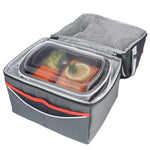 Insulated gray lunch bag partially open with stacked Freshware meal containers and clear lids visible inside.