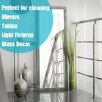 Stylish interior scene with decorative vases and mirror alongside a teal callout listing surfaces perfect for cleaning mirrors, tables, light fixtures, glass decor
