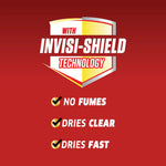 Red panel highlighting 'With Invisi-Shield Technology' and bullet points stating no fumes, dries clear, dries fast
