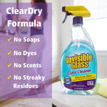 Invisible Glass cleaner bottle on a counter with purple panel text highlighting ClearDry formula and no soaps, dyes, scents, or streaky residues