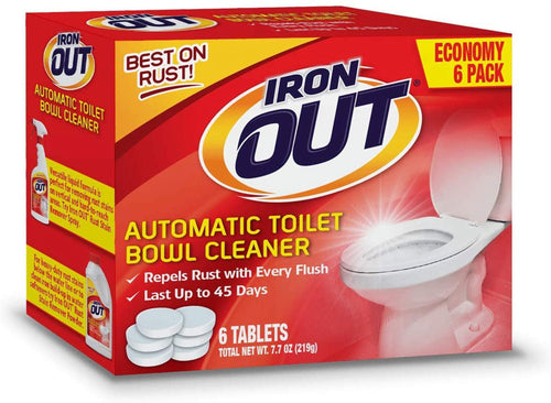 Single angled box of Iron OUT automatic toilet bowl cleaner with toilet bowl graphic and product information