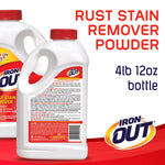 Rear-and-partial-front views of Iron OUT bottles with product text reading "Rust Stain Remover Powder" and a visible Iron OUT logo.