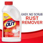Single Iron OUT rust stain remover bottle with red cap against a white background and text reading "Easy, No Scrub Rust Remover."