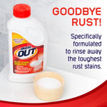Iron Out bottle on a tiled surface next to a small bowl of white powder and text reading 'Goodbye Rust!'