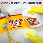 Hand in yellow glove pouring Iron OUT rust stain remover by a tub faucet with the slogan "Best on Rust!" in the center.