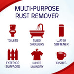 Infographic listing uses for Iron OUT with icons for toilets, tubs/showers, water softeners, exterior surfaces, white laundry and dishes.