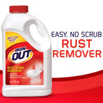 Bottle of Iron Out rust stain remover with red label and cap, product shown against white and red background