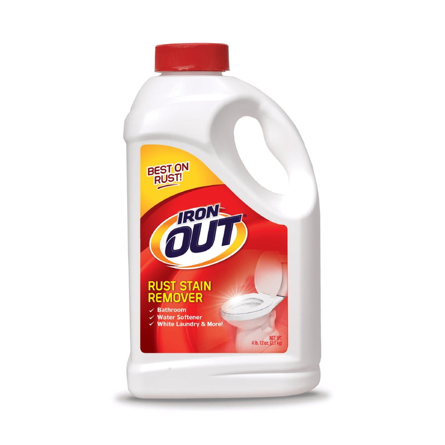 Studio-style product shot of an Iron Out rust stain remover jug with red cap on a white background