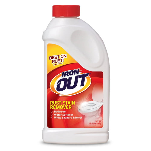 Studio product shot of a single Iron OUT rust stain remover bottle with red cap on a plain white background.