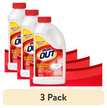 Three Iron OUT rust stain remover bottles with red caps arranged on a red graphic background and a "3 Pack" label below.
