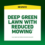 Ironite branded graphic reading 'Deep Green Lawn With Reduced Mowing' on white panel with green background