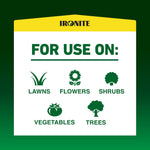 Ironite 'For use on:' panel showing icons and labels for lawns, flowers, shrubs, vegetables and trees