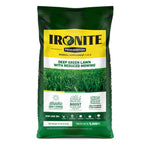 Green and yellow bag of Ironite mineral supplement fertilizer showing lawn image and usage icons on white background