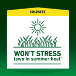Ironite graphic showing sun over grass with message 'Won't stress lawn in summer heat' on white panel