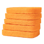 Isolated stack of bright orange rectangular scouring pads with rounded corners on a white background.