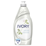 Ivory branded white plastic dish soap bottle with floral label and pump top on white background