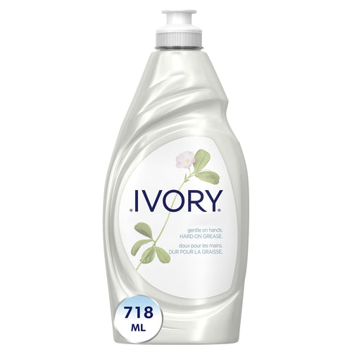 Ivory branded white plastic dish soap bottle with floral label and pump top on white background