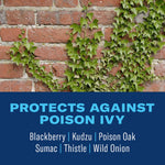 Close-up of ivy climbing a brick wall above text panel listing plants protected against including poison ivy and kudzu
