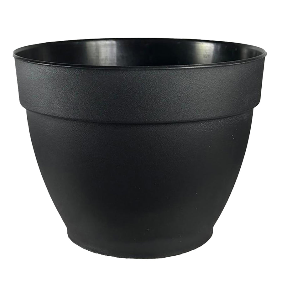 Matte black recycled plastic planter pot with tapered sides and a rolled rim