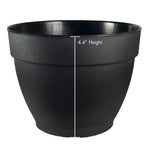 Front view of a matte black planter with a white vertical dimension line labeled 4.4" height