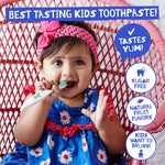 Baby sitting in a wicker chair holding a toothbrush, promotional text claims 'Best tasting kids toothpaste!'
