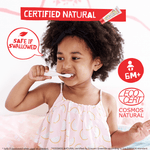 Young child brushing teeth in a lifestyle shot with 'Certified Natural' and 'Safe if swallowed' badges