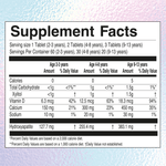 Supplement Facts nutrition panel listing serving sizes, vitamin D, calcium, xylitol and hydroxyapatite amounts