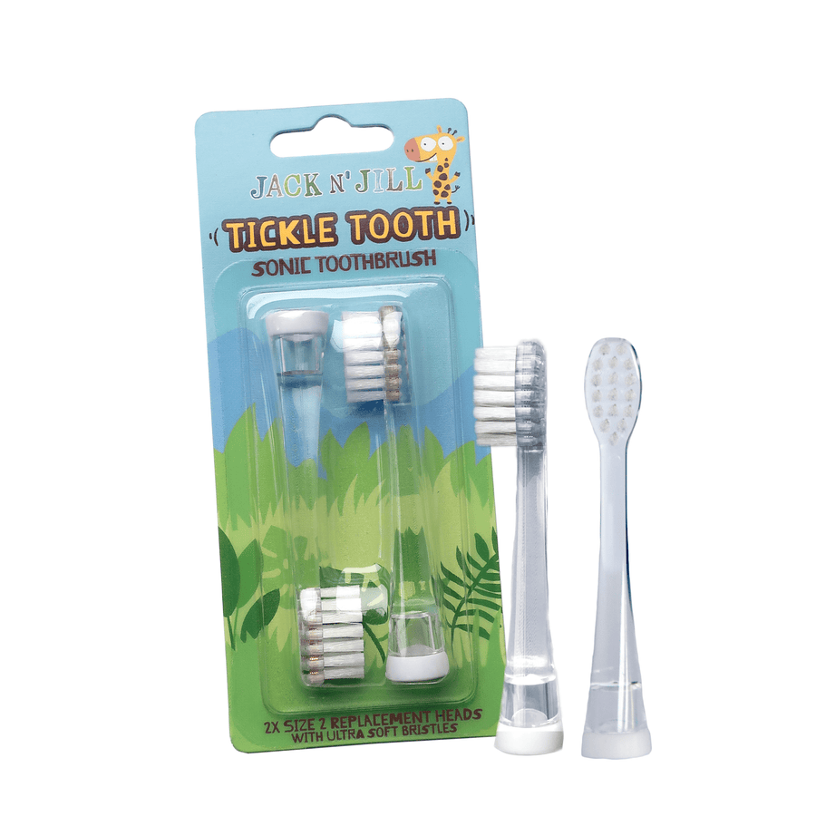 Jack N' Jill Tickle Tooth replacement brush heads in blister pack with two loose clear brush heads shown