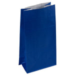 JAM Paper blue kraft lunch bag standing upright with open top and visible pleated bottom