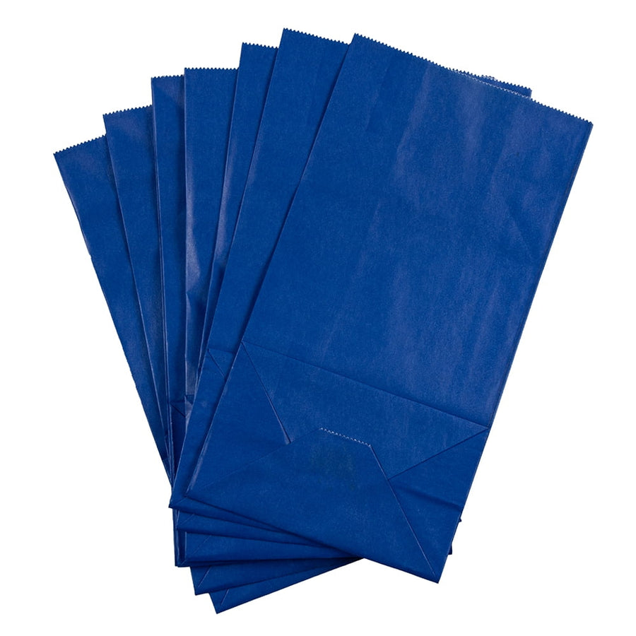 Fan of several JAM Paper blue kraft lunch bags laid overlapping to show fronts and bottoms