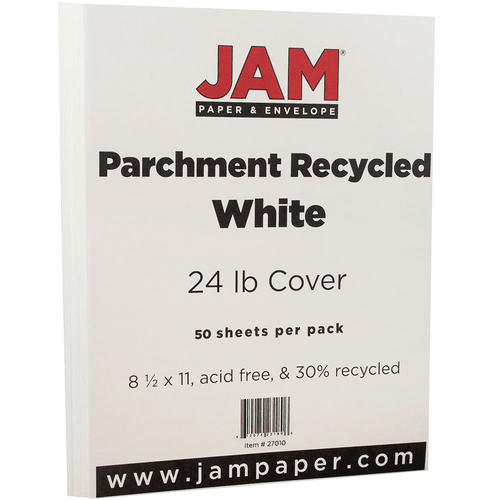 Front-facing JAM Paper package labeled “Parchment Recycled White,” 24 lb cover, 50 sheets, 8½ x 11