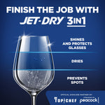 Illustrated wine glass with three horizontal lines showing 'shines and protects', 'dries', 'prevents spots' and Jet‑Dry branding