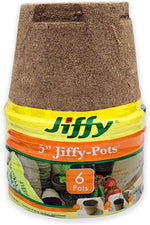 Stacked Jiffy branded 5" peat pot pack with yellow-orange label showing 'Jiffy' logo and '6 pots' badge