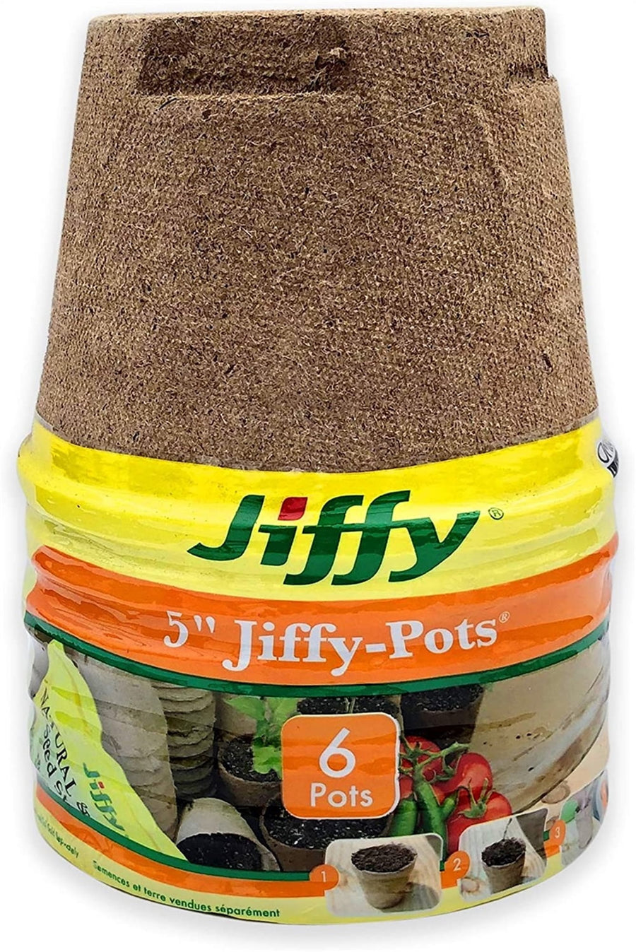 Stacked Jiffy branded 5" peat pot pack with yellow-orange label showing 'Jiffy' logo and '6 pots' badge