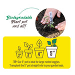 Graphic highlighting biodegradable pots with photograph of transplanting and size icons for 2",3",4",5" pots