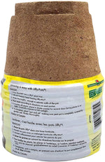 Rear view of Jiffy peat pot packaging showing usage instructions and product label wrapped around a peat pot