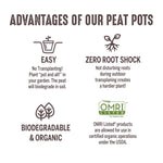 Informational graphic listing advantages of peat pots with icons: easy, zero root shock, biodegradable & OMRI listed