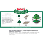 Instruction panel artwork from Jobe’s Organics showing directions, spike counts, and a drip line tree illustration