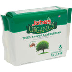 Angled view of Jobe’s Organics green and white package for trees, shrubs & evergreens showing branding and tree illustration