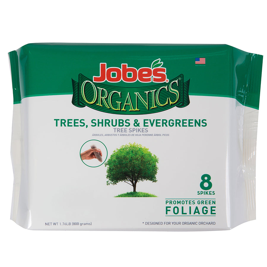 White and green Jobe’s Organics package labeled Trees, Shrubs & Evergreens with tree graphic and 8 spikes callout