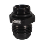 Black anodized port adapter fitting showing JOES Racing Products logo and threaded male connections