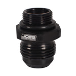 Close-up of a black JOES Racing Products port fitting with visible threads and hex nut section