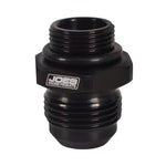Black anodized threaded port fitting branded JOES Racing Products, shown upright on white background