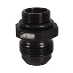Black anodized port adapter fitting with JOES Racing Products logo and male threaded ends