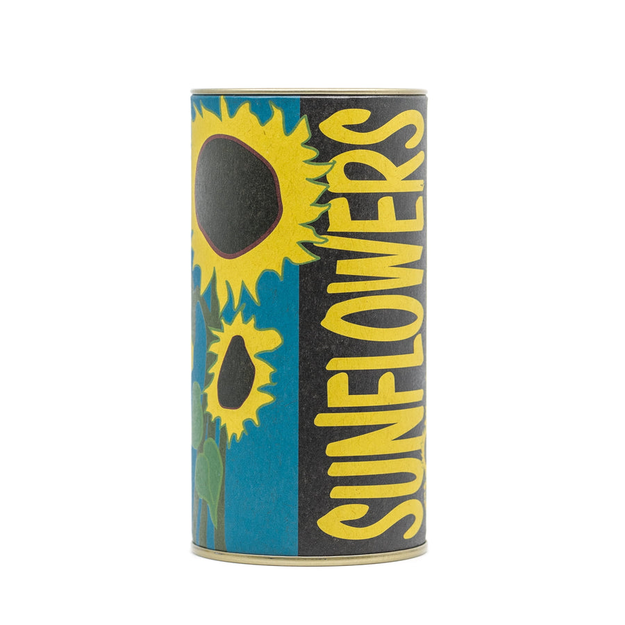 Cylindrical tin with bold sunflower illustration and large vertical “SUNFLOWERS” text on blue and black label.